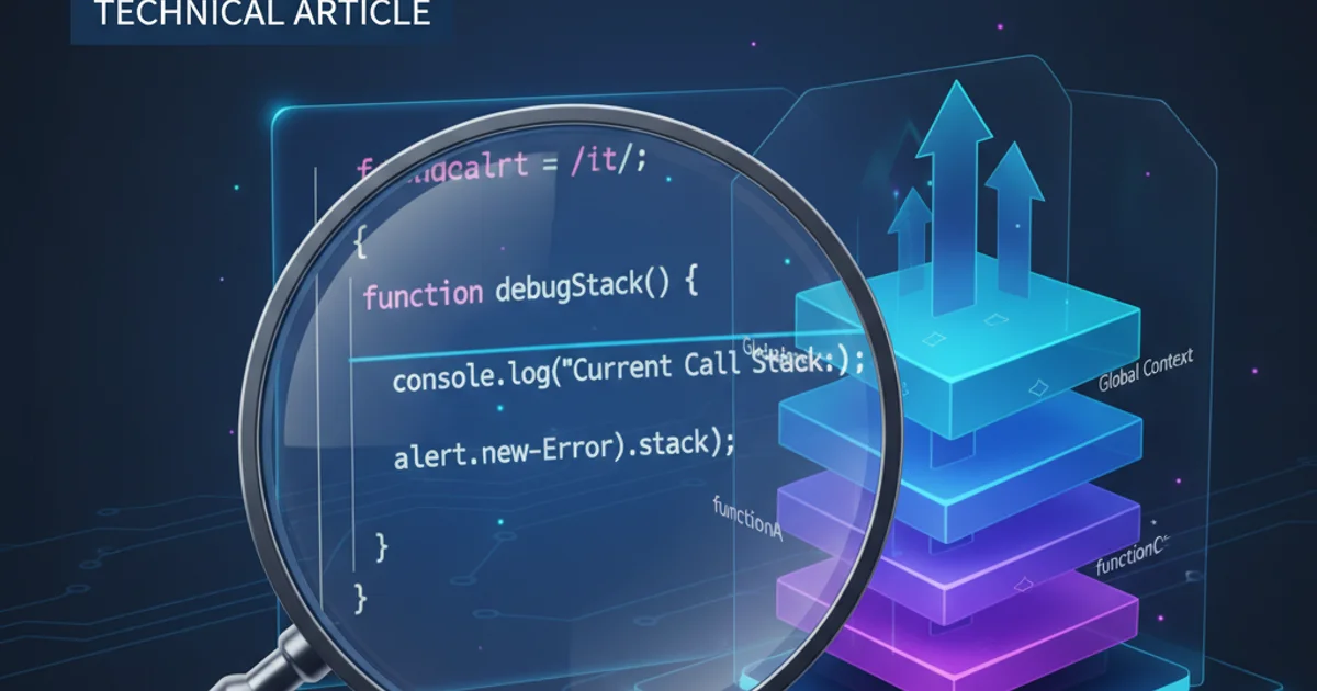 A magnifying glass hovering over JavaScript code with a call stack diagram in the background, symbolizing debugging and inspection.