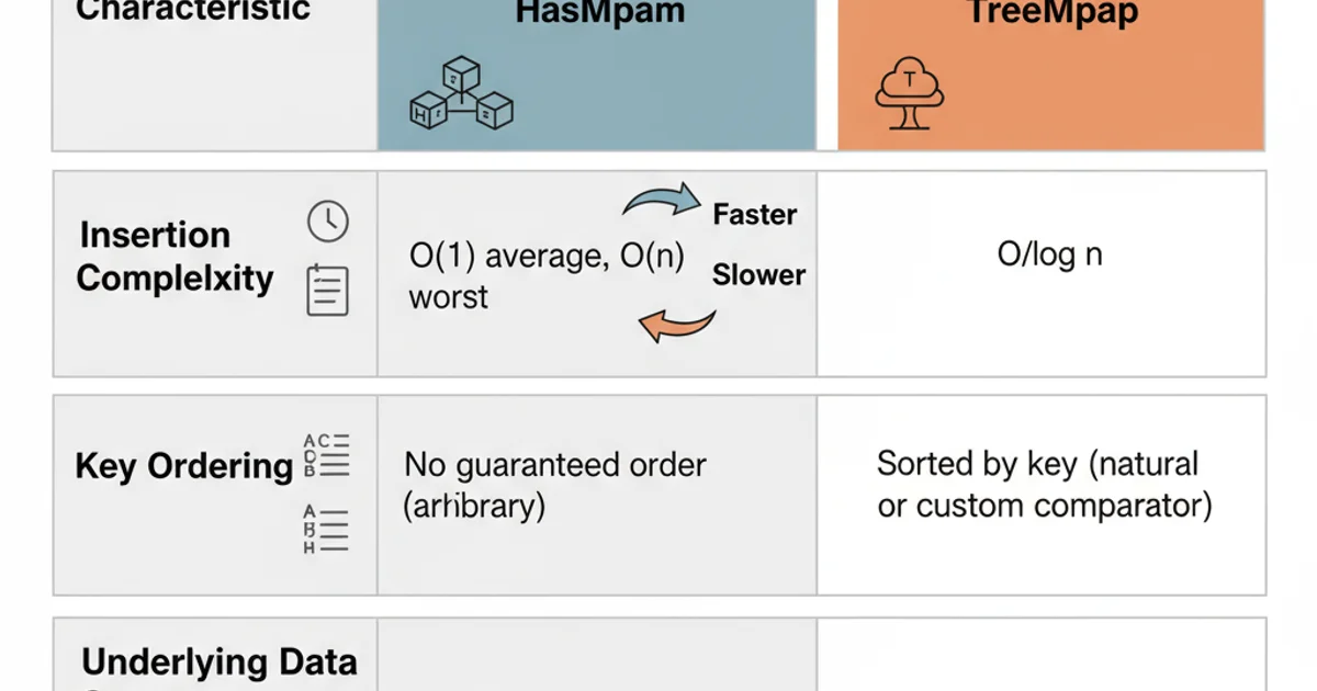 Comparison table showing HashMap vs TreeMap for insertion complexity, key ordering, and underlying data structure.