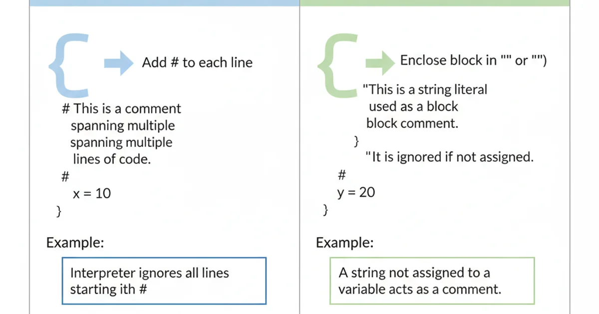 Comparison table showing single-line comments vs. multi-line string literals for block commenting.