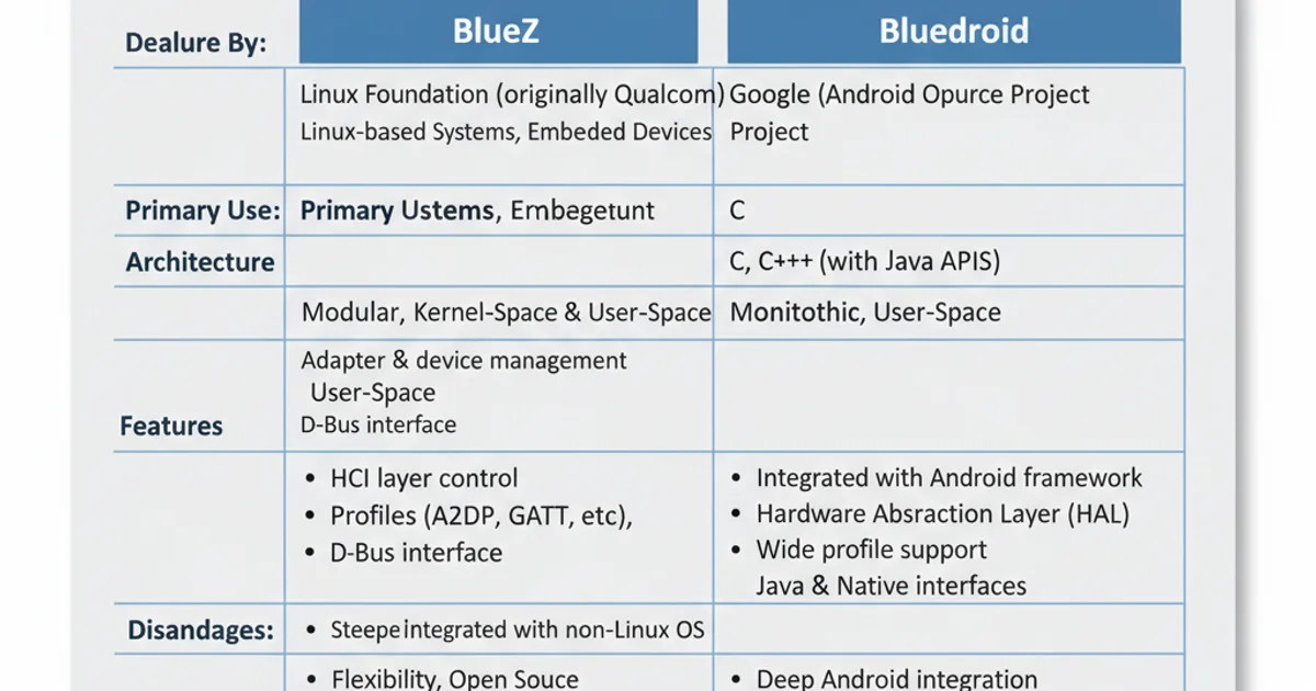 Table comparing BlueZ and Bluedroid features and characteristics