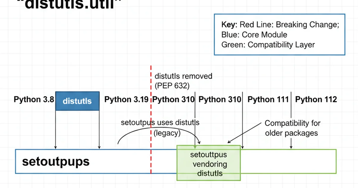 Diagram showing Python versions, with a line indicating distutils removal at Python 3.10, and setuptools bridging the gap.