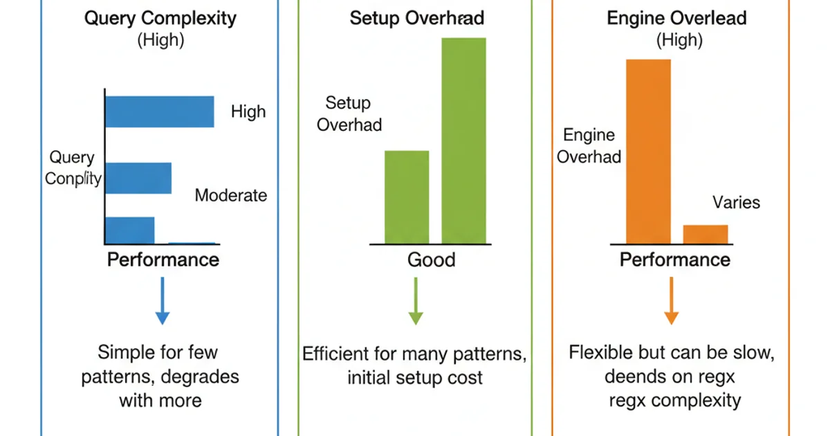 Comparison chart showing performance characteristics of OR, JOIN with temp table, and REGEX for 'LIKE IN' operations.