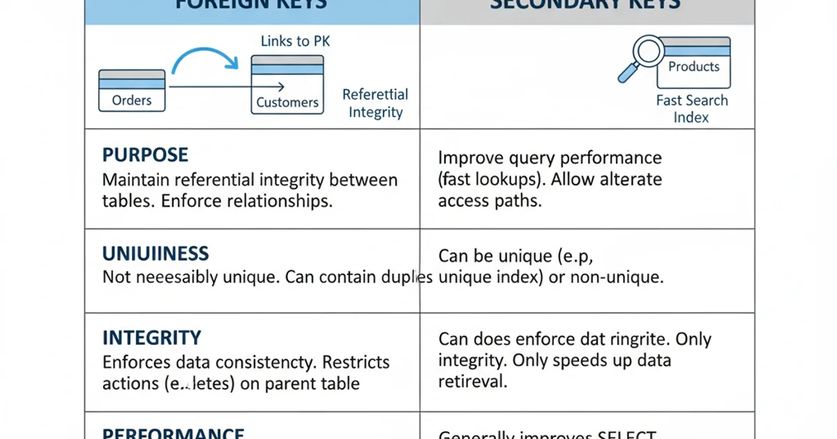 Table comparing foreign keys and secondary keys based on purpose, uniqueness, integrity, and performance.
