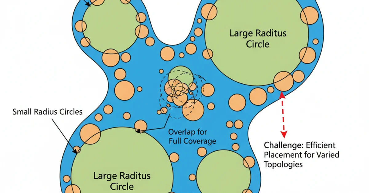 Diagram showing a complex region being covered by a few large circles and several smaller circles, illustrating the varying radii challenge.
