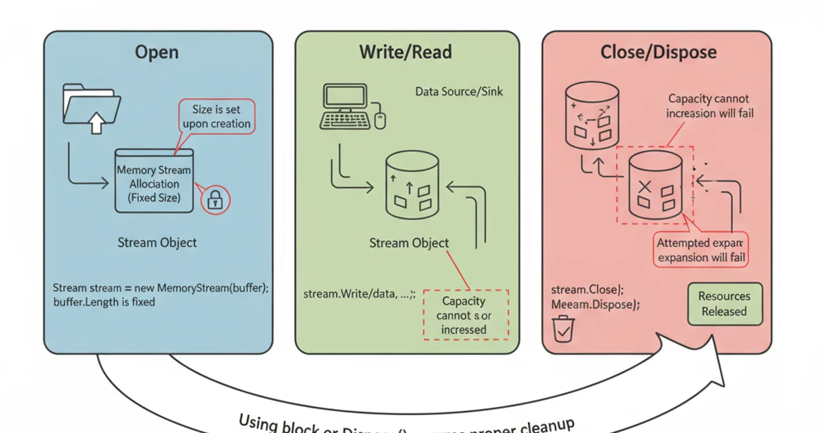 Conceptual diagram showing a stream being opened, data written, and then closed, emphasizing proper resource management.
