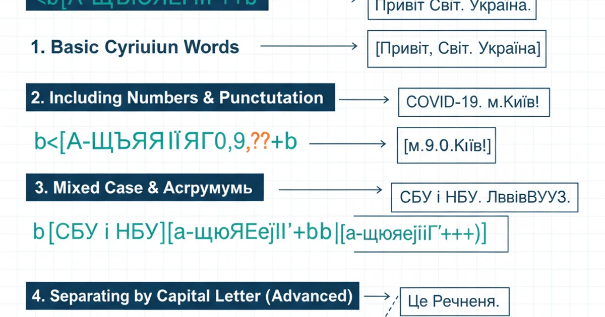 A diagram showing different regex patterns for Ukrainian text, including patterns for numbers, punctuation, and mixed-case words, highlighting the flexibility of regex.