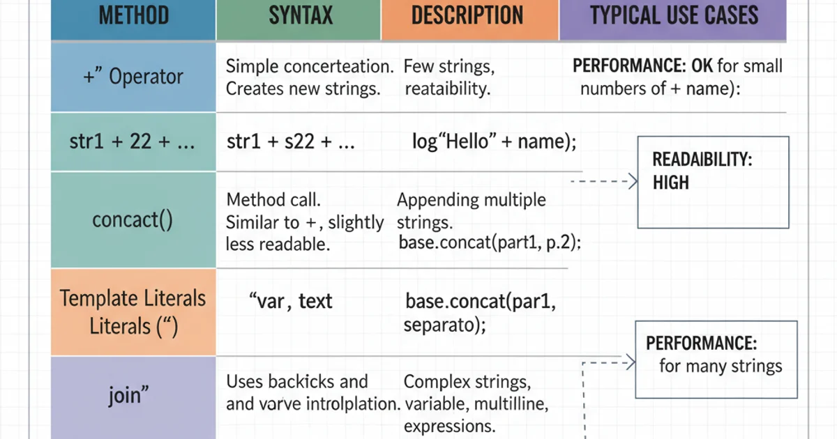 Comparison table showing string concatenation methods, their syntax, and typical use cases.