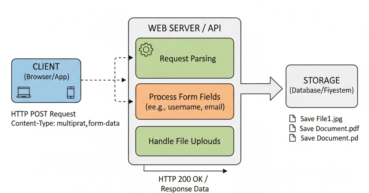 Diagram showing a client sending a multipart request to a web server, which then processes form data and saves files to storage.