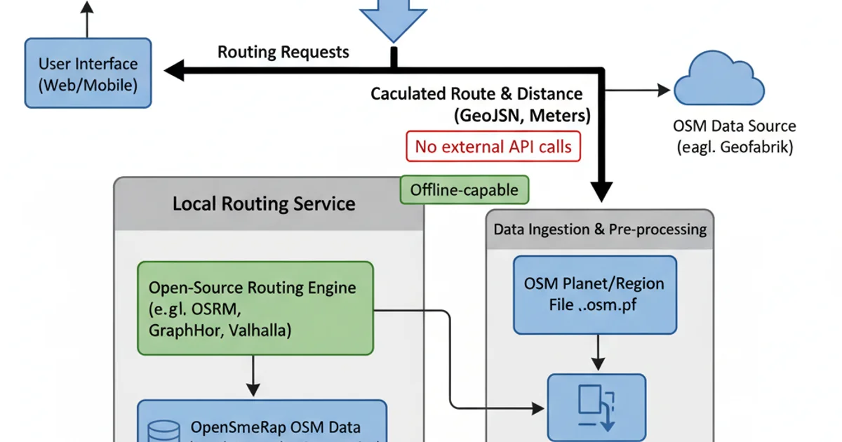 Architecture diagram showing how an application interacts with an open-source routing engine and OSM data.