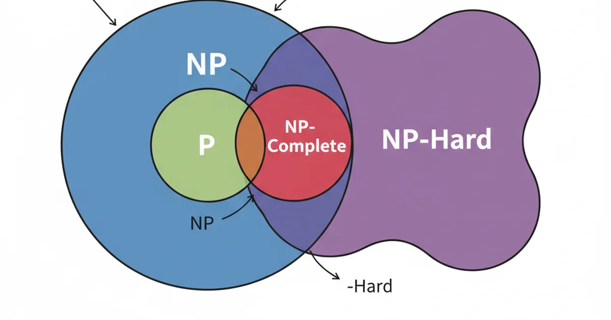 Venn diagram illustrating the relationship between P, NP, NP-Complete, and NP-Hard classes. P is a subset of NP. NP-Complete is a subset of NP and also a subset of NP-Hard. NP-Hard encompasses NP-Complete and extends beyond NP.