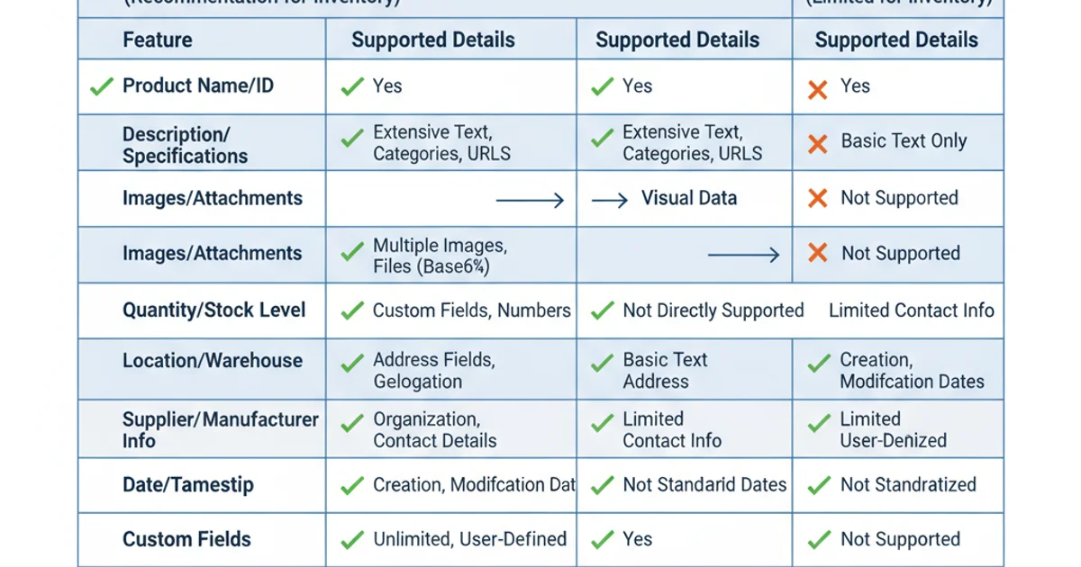 Comparison table showing features of vCard versus MeCard for inventory management.