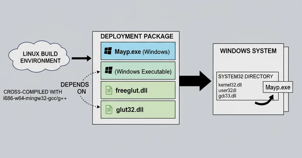 Diagram showing the deployment of a Windows executable with its required DLLs