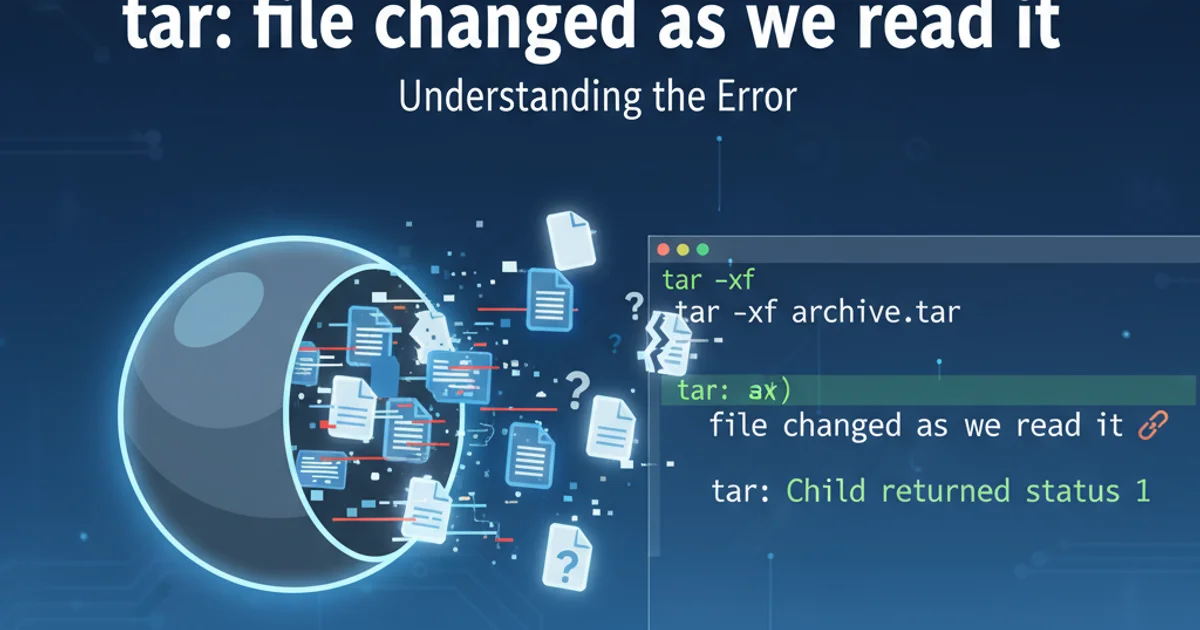 Illustration of a tarball being opened with files spilling out, some appearing to change or disappear, symbolizing the 'file changed' error.