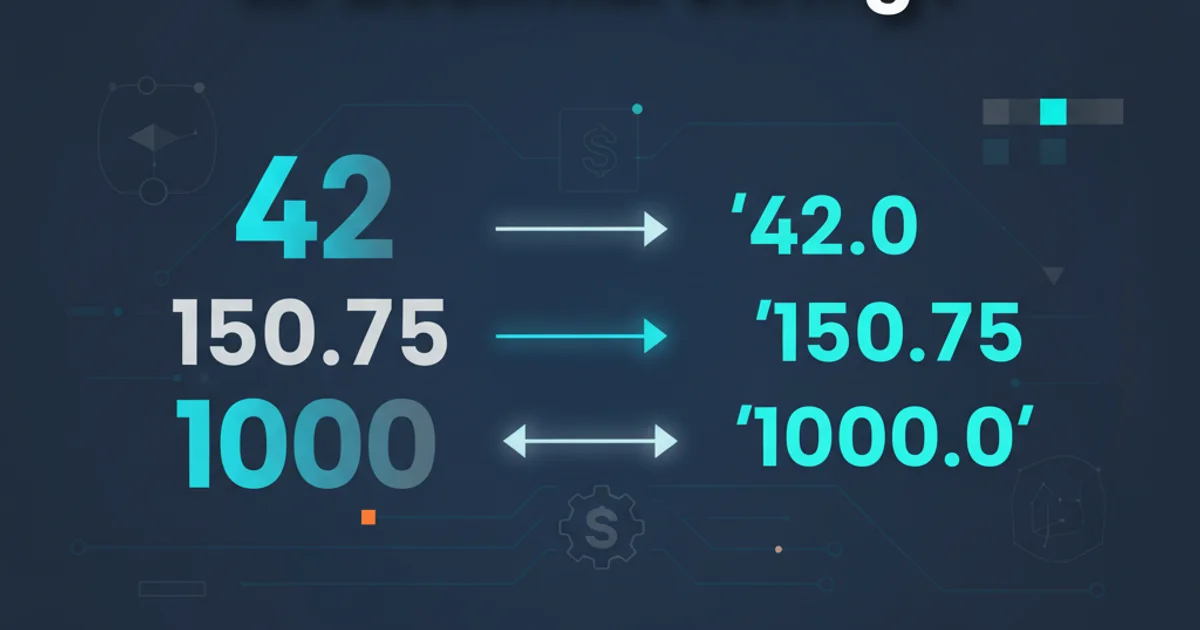 Illustration of numbers transforming into text strings, representing conversion from numeric to string format.