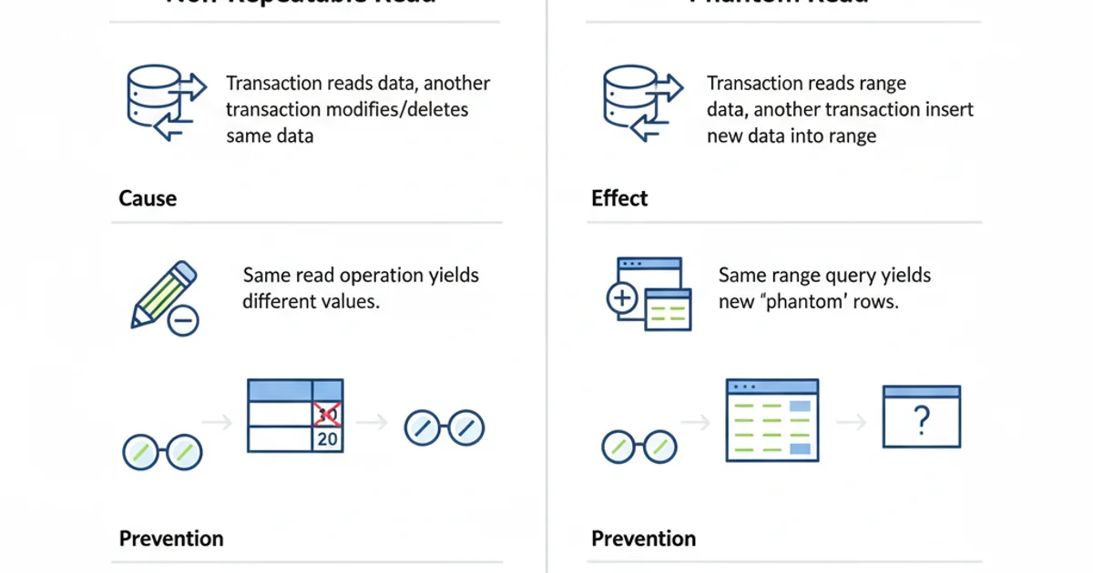 Table comparing Non-Repeatable Read and Phantom Read anomalies, highlighting their causes, effects, and prevention mechanisms.